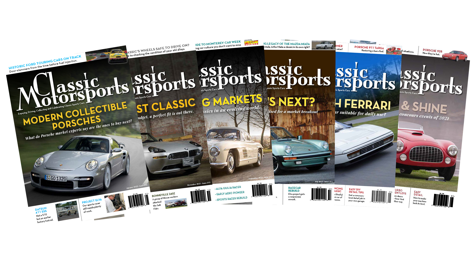 a composite of multiple recent covers of the Classic Motorsports print edition