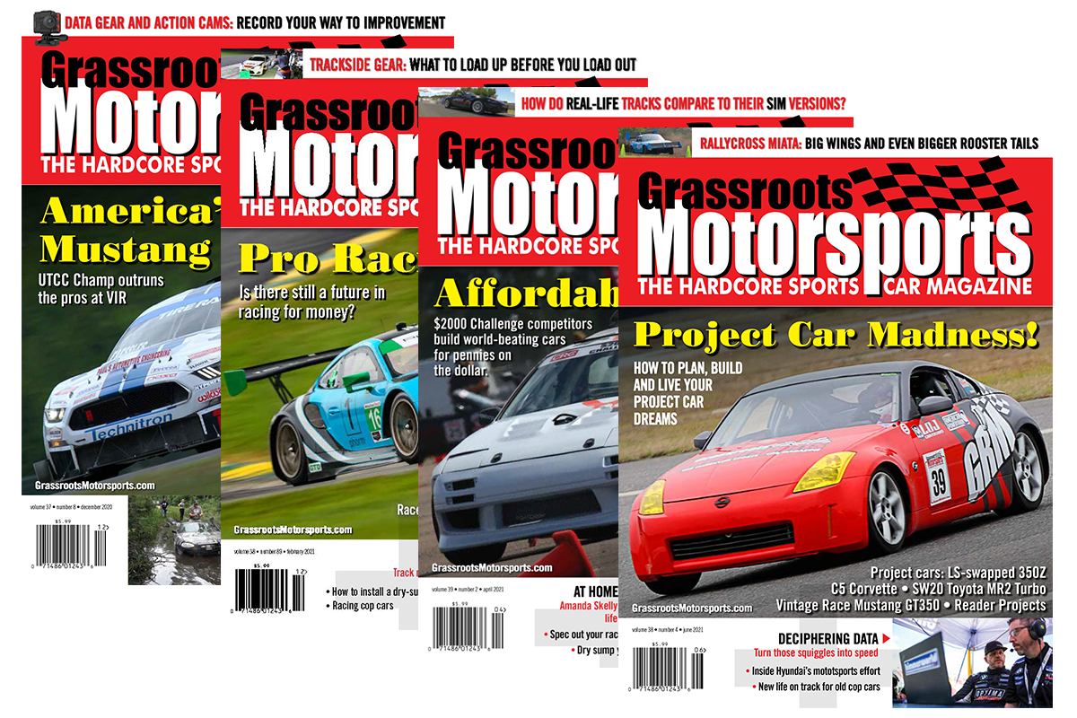 a composite image of multiple recent covers of Grassroots Motorsports Magazine